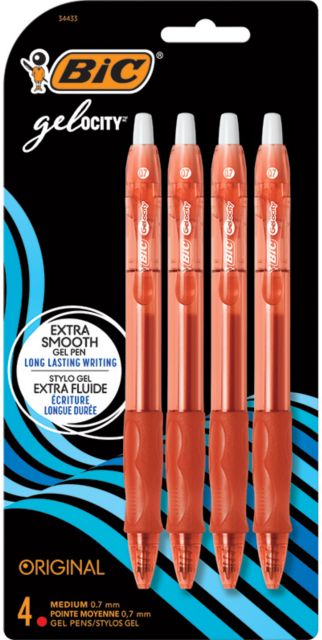 Smooth-writing gel pen with contoured grip.  Red ink, 0.7mm tip.  4/pk