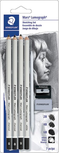 Charcoal set for sketching & drawing; 3 charcoal pencils, 1 white chalk  pencil, blending stump, 1 ea sharpener& eraser.: Seneca College