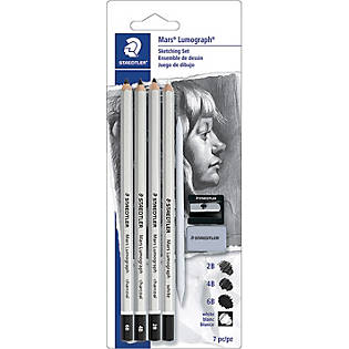 Charcoal set for sketching & drawing; 3 charcoal pencils, 1 white chalk  pencil, blending stump, 1 ea sharpener& eraser.: Seneca College