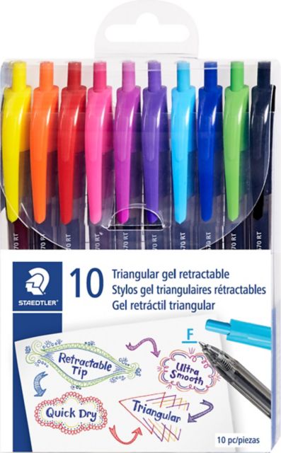 Triangular gel pen with retractable tip. Smooth and quick drying. 0.7 mm line width.
