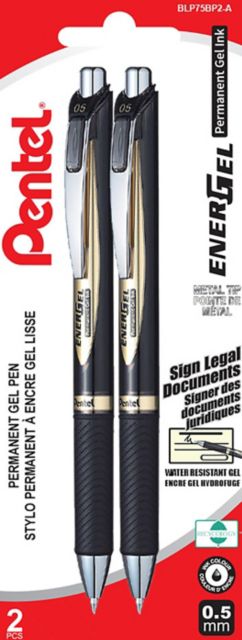 Pentel Energel Permanent Retractable Pen, 0.5MM Fine Point, Black Ink, 2PK:  Fleming College - Lindsay Campus