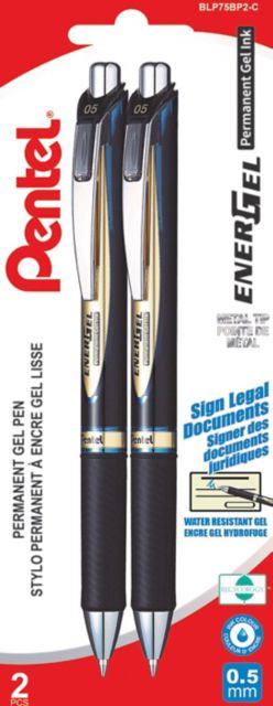 Pentel Energel Permanent Retractable Pen, 0.5MM Fine Point, Blue Ink, 2PK