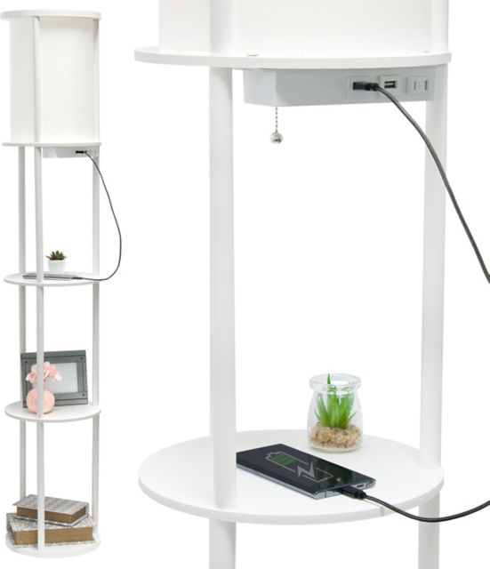 62.5IN Round Modern Shelf Etagere Organizer Storage Floor Lamp with 2 USB Charging Ports, 1 Charging Outlet, White - ONLINE ONLY