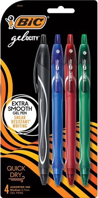 BIC® Gel-ocity Quick Dry Retractable Medium Point (0.7mm), Assorted, 4-Pack