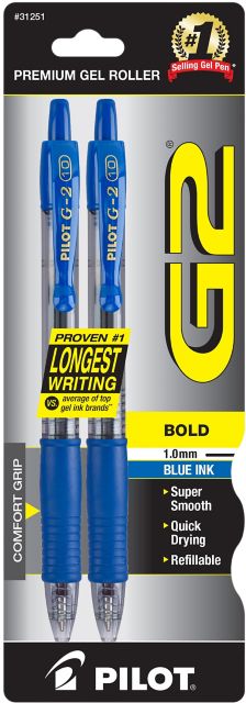 Pilot G2 Retractable Gel Ink pen, Blue ink, Bold 1.0mm point, 2-pack.