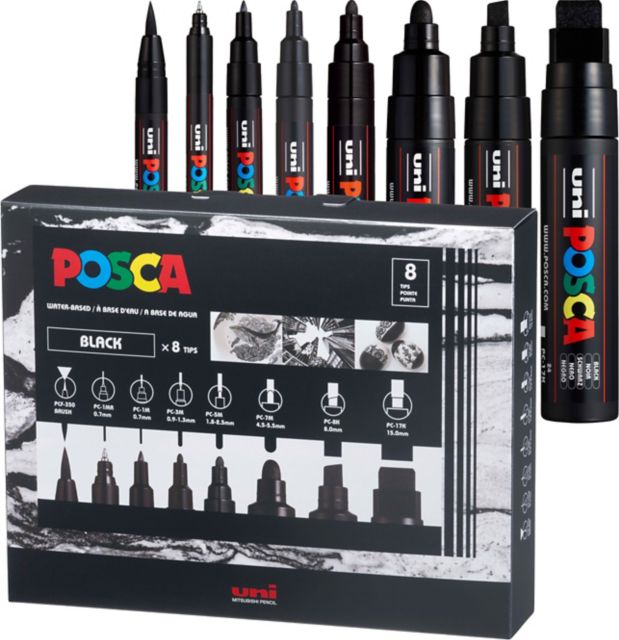 Posca Marker Set 8 Assorted Tips All Black