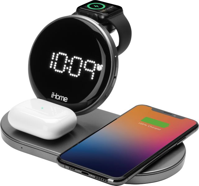 iHome POWERVALET QUAD+ Wireless ChargingAlarm Clock, Gray