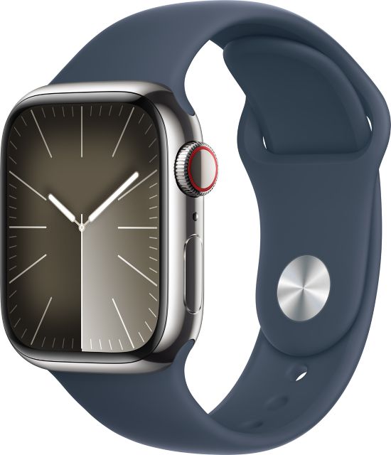 Apple Watch Series 9 GPS + Cellular 41mm Silver Stainless Steel Case with Storm Blue Sport Band - M/L