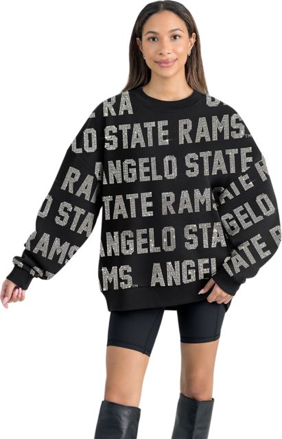 Angelo State University Women's All-Over Pixelated Rhinestone Text Drop Shoulder Crewneck Pullover