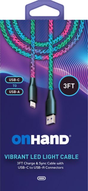 OnHand Vibrant LED Light USB-A to USB-C Charge & Sync Cable 3ft - ONLINE ONLY