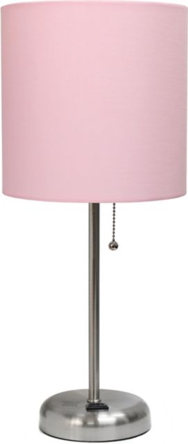 Simple Designs 19.5 Brushed Steel Stick Table Desk Lamp with Charging Outlet, Light Pink Shade, With LED Bulb Included - ONLINE ONLY