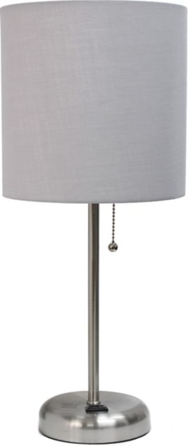 Oslo 19.5 Contemporary Bedside Power Outlet Base Metal Table Lamp, Brushed Steel with Gray Shade, With Feit LED Bulb - ONLINE ONLY