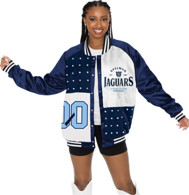 Spelman College Women's Mixed Media Throwback Varsity Bomber Jacket with Rhinestone Inserts