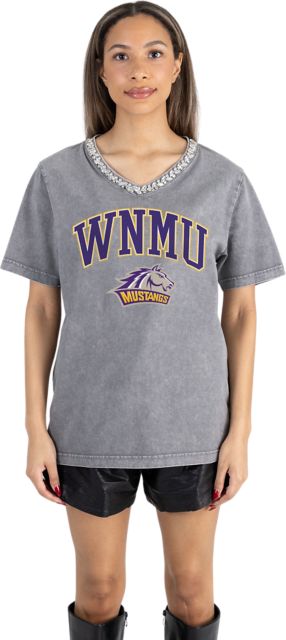 Western New Mexico University Women's Garment-Washed Relaxed Fit Tee with Jeweled Rhinestone V-Neck