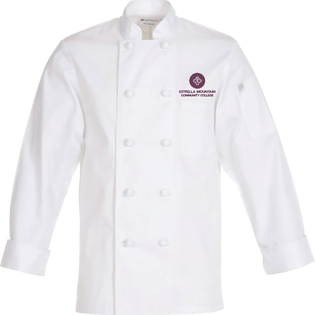 Bordeaux Chef Coat. Left chest patch pocket. Left sleeve thermometer pocket. 65%Polyester, 35% Cotton Blend 6.2 oz. XS-7XL