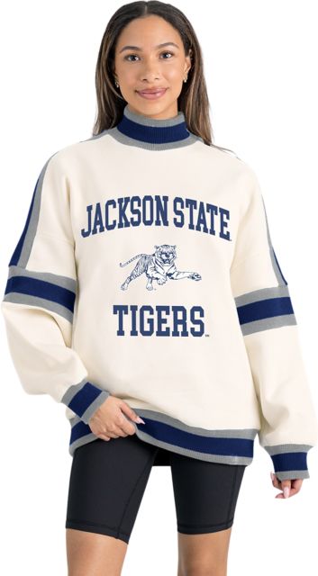 Jackson State University Women's Oversized Turtleneck Pullover with Bold Stretch-Knit Striped Detail