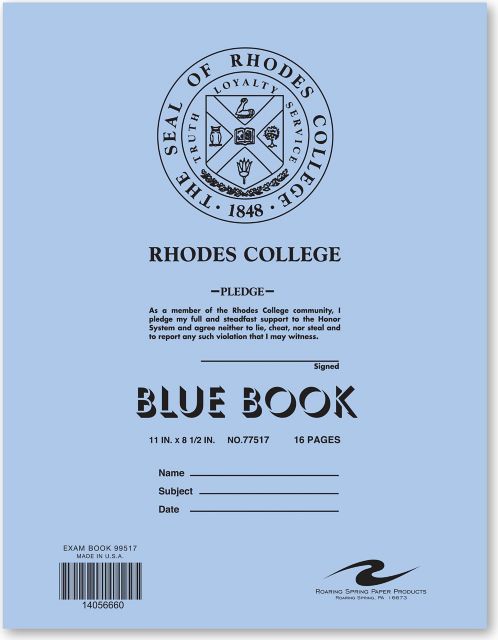 Rhodes College 11 x 8.5 Blue Book