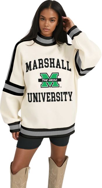 Marshall University Women's Oversized Turtleneck Pullover with Bold Stretch-Knit Striped Detail