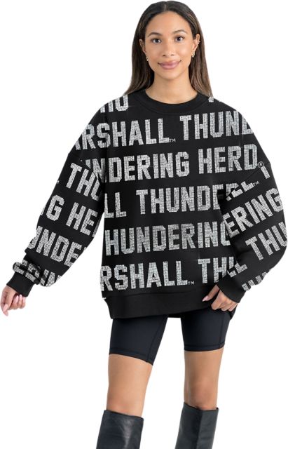Marshall University Women's All-Over Pixelated Rhinestone Text Drop Shoulder Crewneck Pullover