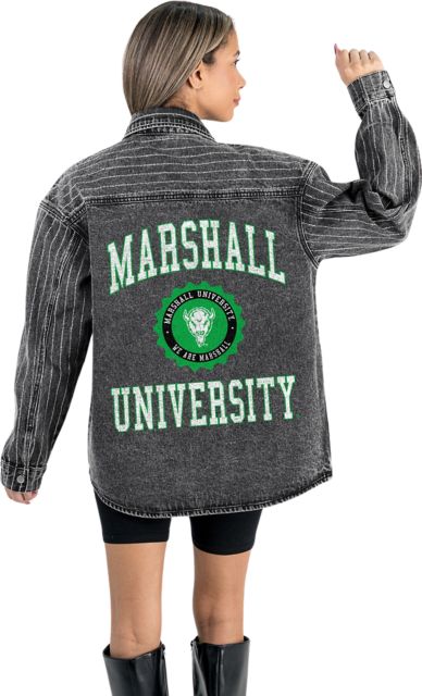 Marshall University Women's Micro-Rhinestone Stripe Washed Denim Overshirt with Button-Down Front