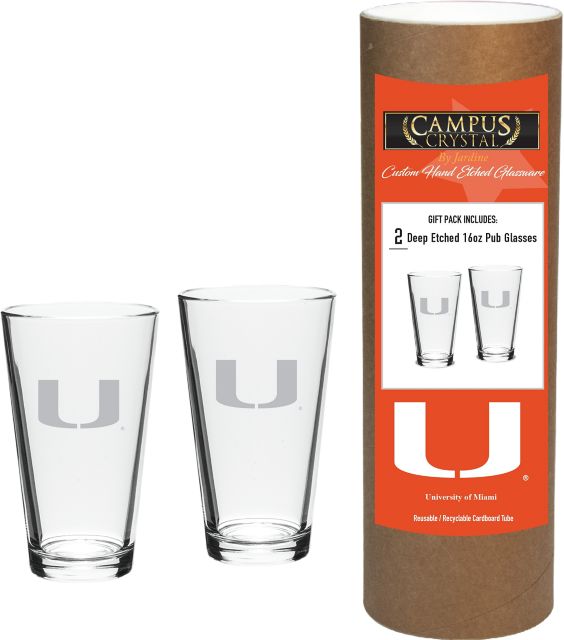 University of Miami 16 oz. Etched Glass - Set of 2