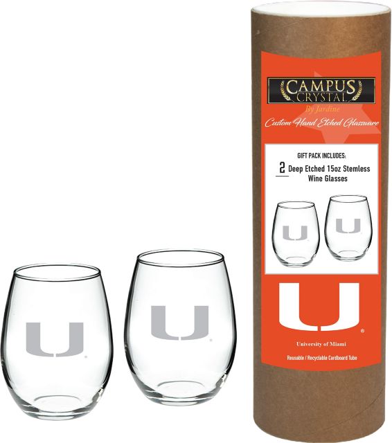 University of Miami 15 oz. Stemless Wineglass - Set of 2