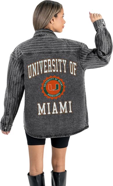 University of Miami Women's Micro-Rhinestone Stripe Washed Denim Overshirt with Button-Down Front