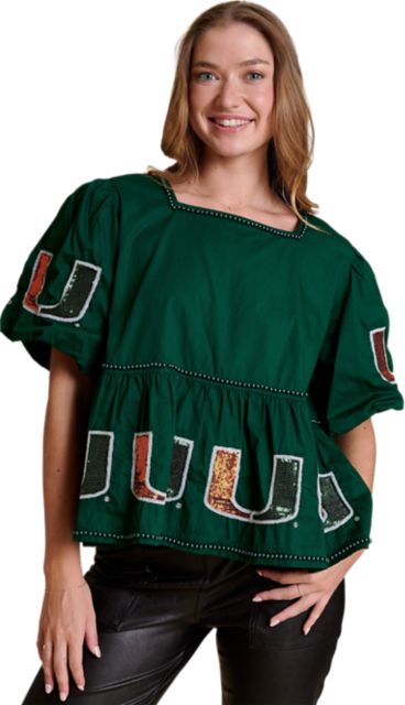 University of Miami Women's Puff Sleeve Peplum Top