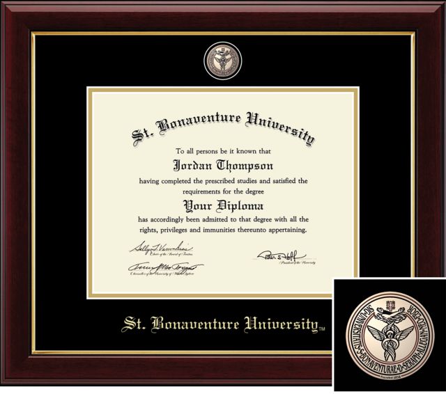 St. Bonaventure University, Masterpiece Diploma Frame. Bachelors, Masters.