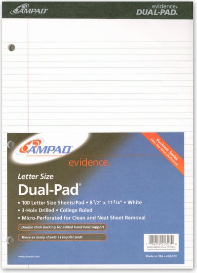Ampad 40-244 Evidence Dual Ruled Pad Legal Ruling 3-Hole Punched 100 Sheet White Paper Pads 8.5 X 11.75 Inch