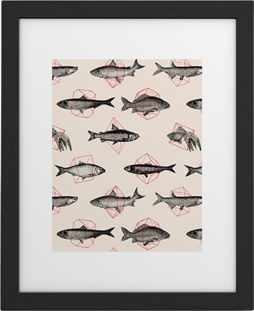 Fishes In Geometrics by Florent Bodart Framed Art Print Modern Black