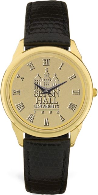 Men s Gold Wristwatch with Black Leather Band ONLINE ONLY Seton Hall University