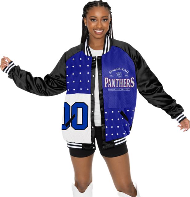 Georgia State University Women's Mixed Media Throwback Varsity Bomber Jacket with Rhinestone Inserts