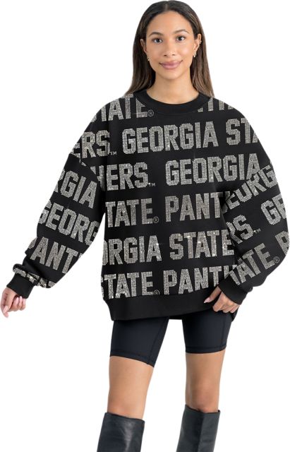 Georgia State University Women's All-Over Pixelated Rhinestone Text Drop Shoulder Crewneck Pullover