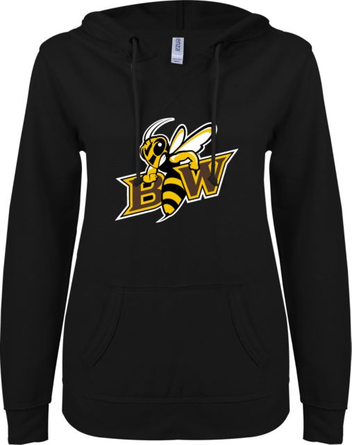 Baldwin Wallace ENZA Ladies V Notch Raw Edge Fleece Hoodie Baldwin Wallace BW with Mascot - ONLINE ONLY