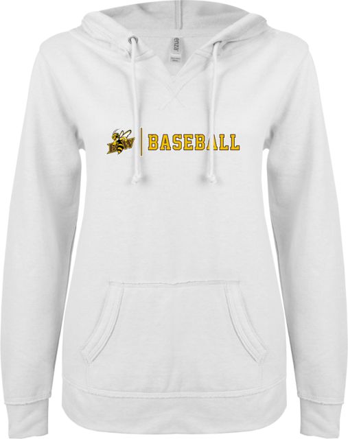 Baldwin Wallace ENZA Ladies V Notch Raw Edge Fleece Hoodie Baldwin Wallace Baseball - ONLINE ONLY