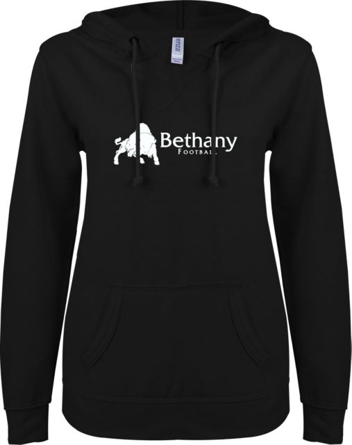 Bethany WV ENZA Ladies V Notch Raw Edge Fleece Hoodie Football - ONLINE ONLY