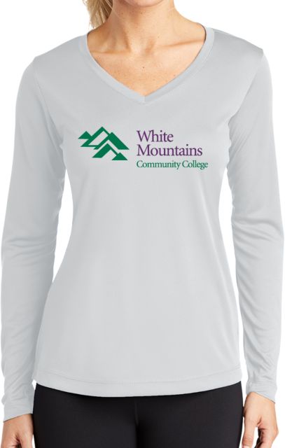 White Mountains Womens Performance Long Sleeve V Neck Shirt Mountains Community College Logo - ONLINE ONLY