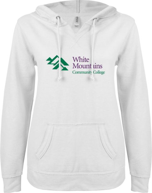 White Mountains ENZA Womens V Notch Raw Edge Fleece Hoodie Mountains Community College Logo - ONLINE ONLY