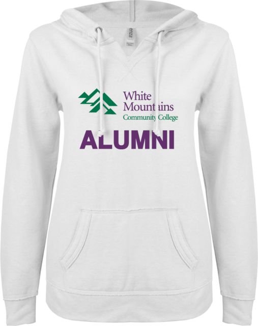 White Mountains ENZA Womens V Notch Raw Edge Fleece Hoodie Alumni - Mountains Community College Logo - ONLINE ONLY