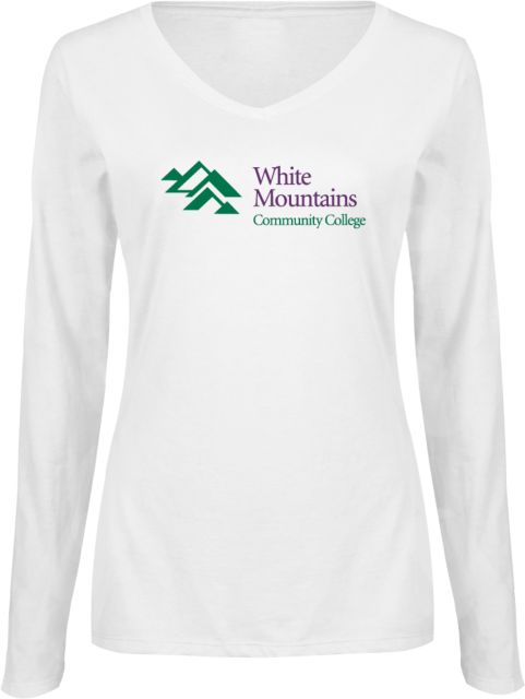 White Mountains Womens Long Sleeve V Neck Tee  Mountains Community College Logo - ONLINE ONLY