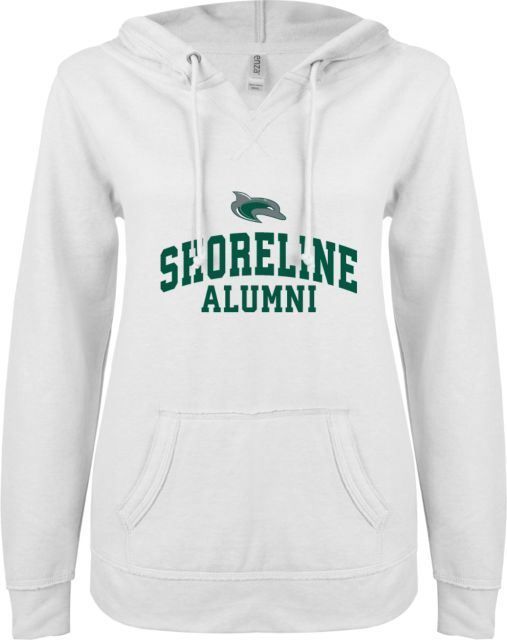 Shoreline ENZA Womens V Notch Raw Edge Fleece Hoodie Arched Shoreline Alumni - ONLINE ONLY