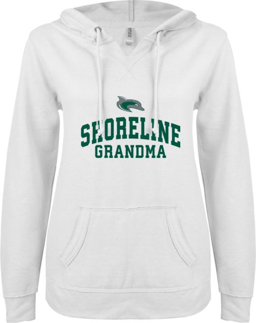 Shoreline ENZA Womens V Notch Raw Edge Fleece Hoodie Arched Shoreline Grandma - ONLINE ONLY