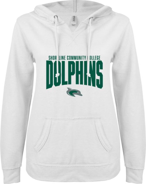 Shoreline ENZA Womens V Notch Raw Edge Fleece Hoodie Shoreline Community College Dolphins Stacked - ONLINE ONLY