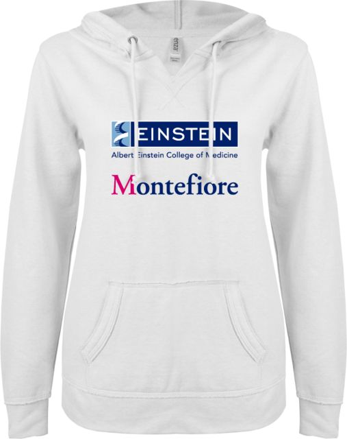 Albert Einstein ENZA Ladies V Notch Raw Edge Fleece Hoodie Einstein Montefiore Stacked Logo - ONLINE ONLY