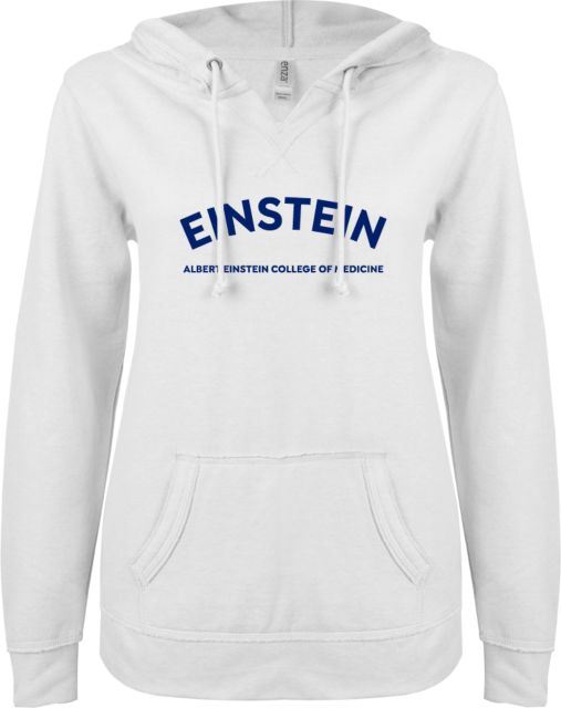 Albert Einstein ENZA Ladies V Notch Raw Edge Fleece Hoodie Einstein Arched Wordmark - ONLINE ONLY