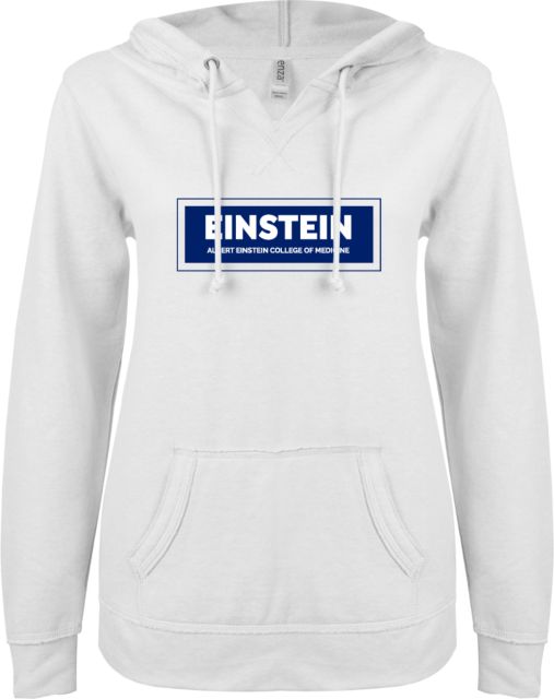Albert Einstein ENZA Ladies V Notch Raw Edge Fleece Hoodie Einstein Full Name in Rectangle - ONLINE ONLY