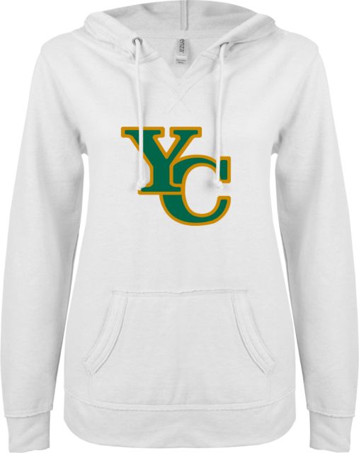Yavapai College ENZA Ladies V Notch Raw Edge Fleece Hoodie YC Lockup - ONLINE ONLY