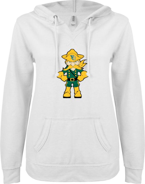 Yavapai College ENZA Ladies V Notch Raw Edge Fleece Hoodie Mascot - ONLINE ONLY