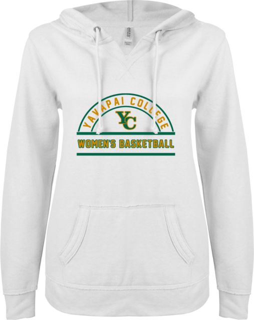 Yavapai College ENZA Womens V Notch Raw Edge Fleece Hoodie Womens Basketball Arch - ONLINE ONLY